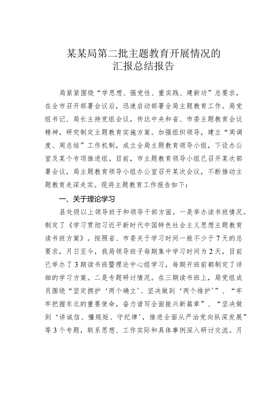 某某局第二批主题教育开展情况的汇报总结报告.docx_第1页