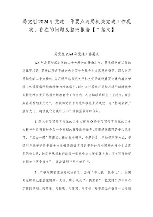 局党组2024年党建工作要点与局机关党建工作现状、存在的问题及整改报告【二篇文】.docx