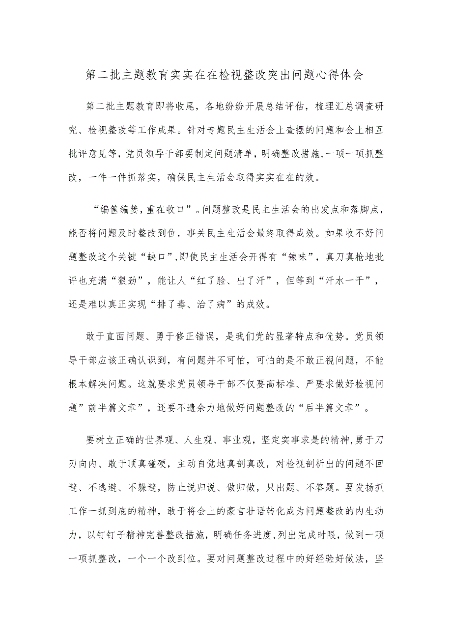 第二批主题教育实实在在检视整改突出问题心得体会.docx_第1页
