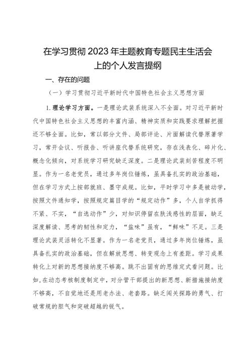 在学习贯彻2023年主题教育专题民主生活会上的个人发言提纲 (2).docx
