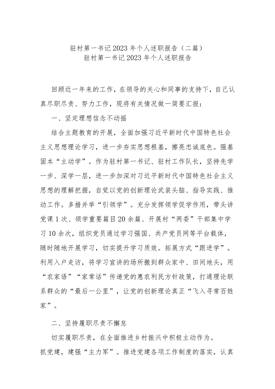 驻村第一书记2023年个人述职报告(二篇).docx_第1页