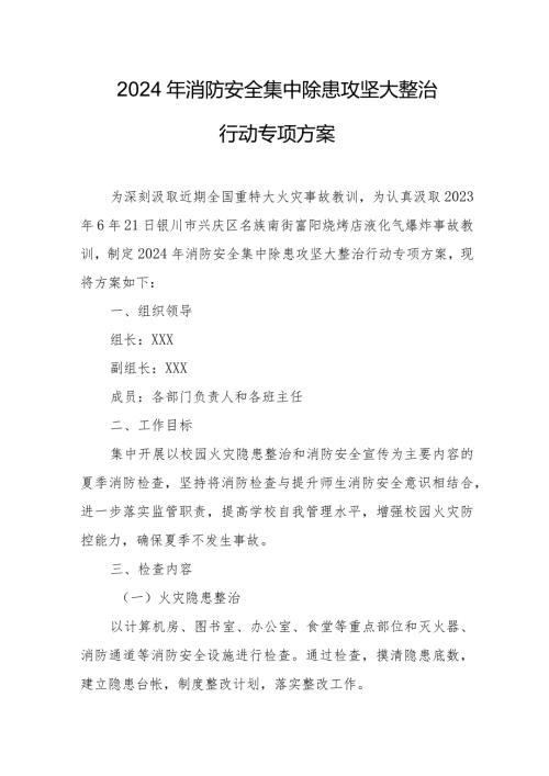 康复医院2024年消防安全集中除患攻坚大整治行动工作方案 汇编7份.docx