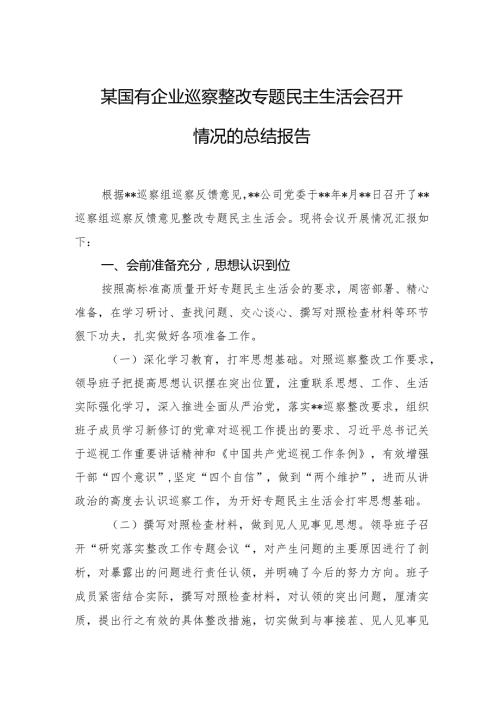某国有企业巡察整改专题民主生活会召开情况的总结报告 (1).docx