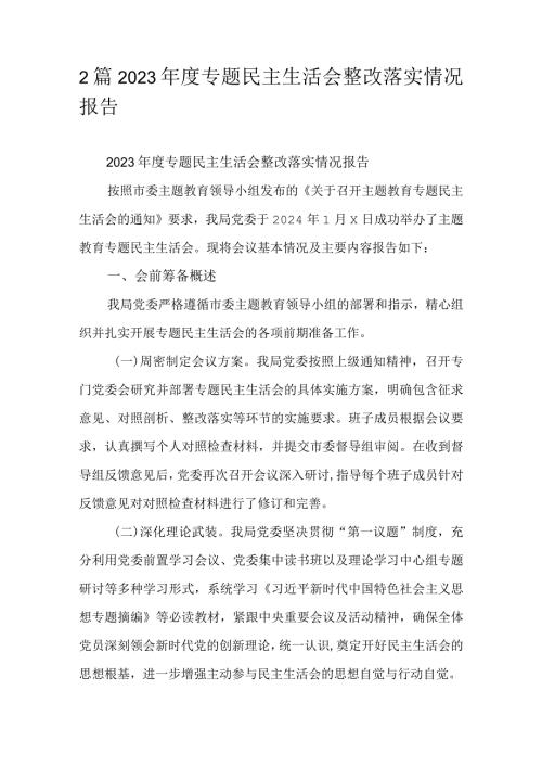 2篇2023专题民主生活会整改落实情况报告.docx