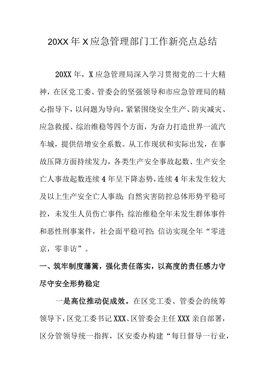 20XX年X应急管理部门工作新亮点总结.docx_第1页