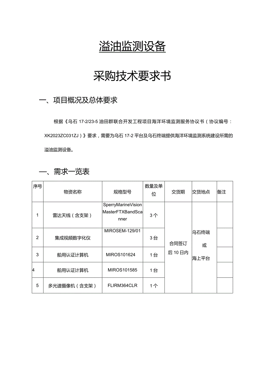 溢油监测设备采购技术要求书.docx_第1页