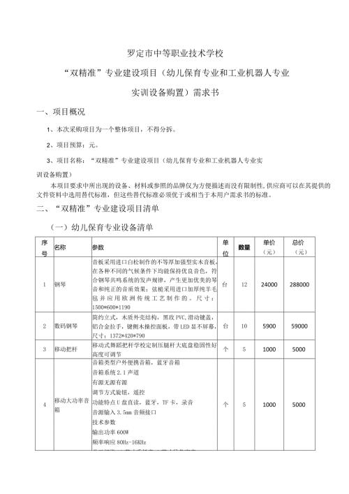 罗定市中等职业技术学校“双精准”专业建设项目幼儿保育专业和工业机器人专业实训设备购置需求书.docx