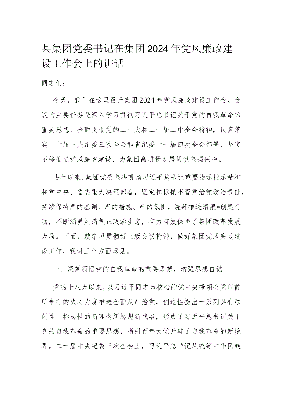 某集团党委书记在集团2024年党风廉政建设工作会上的讲话(1).docx_第1页