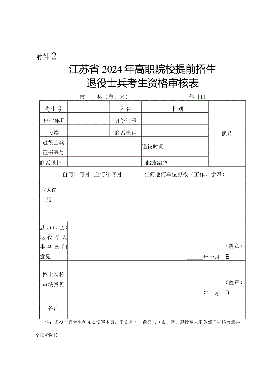 江苏省2024年高职院校提前招生退役士兵考生资格审核表.docx_第1页