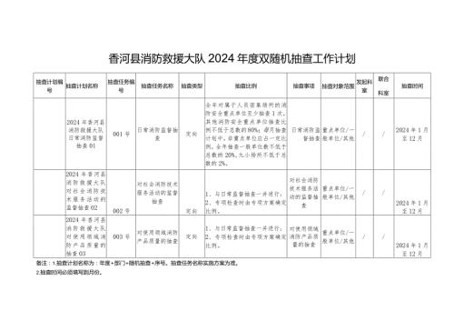 香河县消防救援大队2024双随机抽查工作计划.docx
