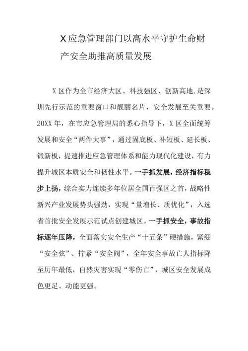 X应急管理部门以高水平守护生命财产安全助推高质量发展.docx