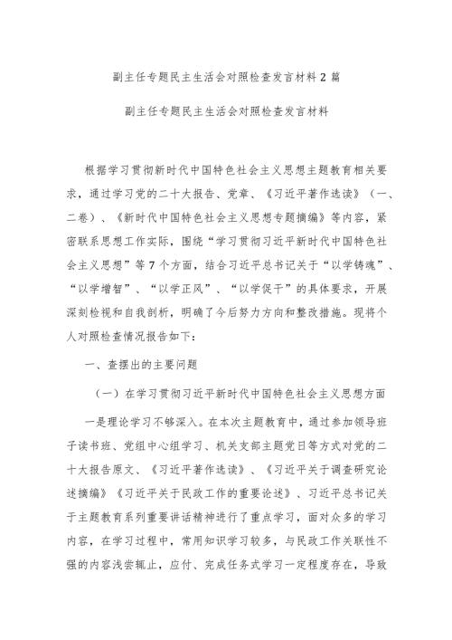 副主任专题民主生活会对照检查发言材料2篇.docx