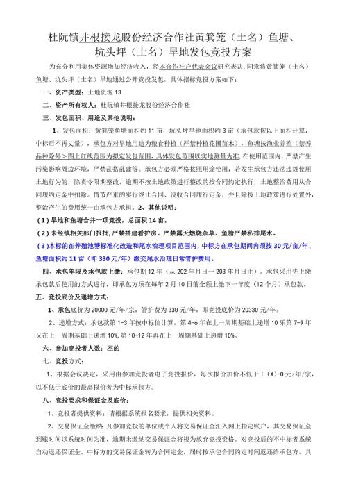 杜阮镇井根接龙股份经济合作社黄箕笼土名鱼塘、坑头坪土名旱地发包竞投方案.docx