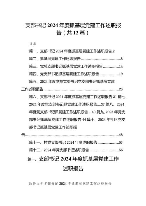 支部书记2024抓基层党建工作述职报告12篇（最新版）.docx