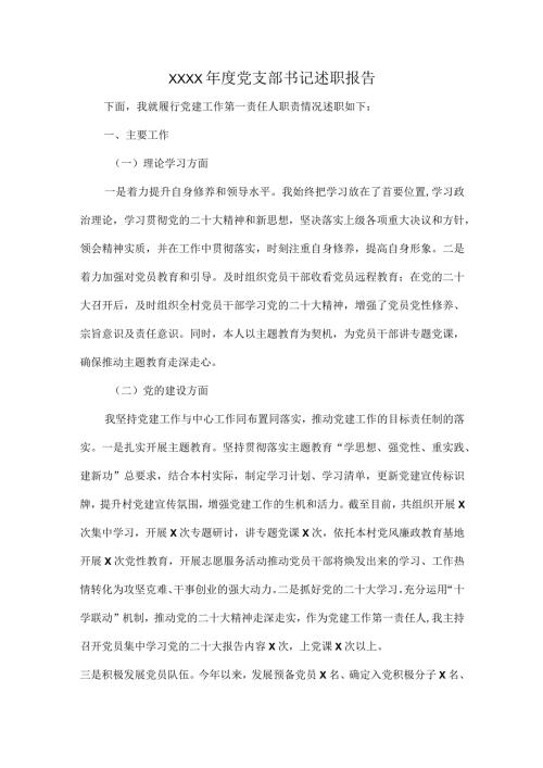 XXXX党支部书记述职报告.docx