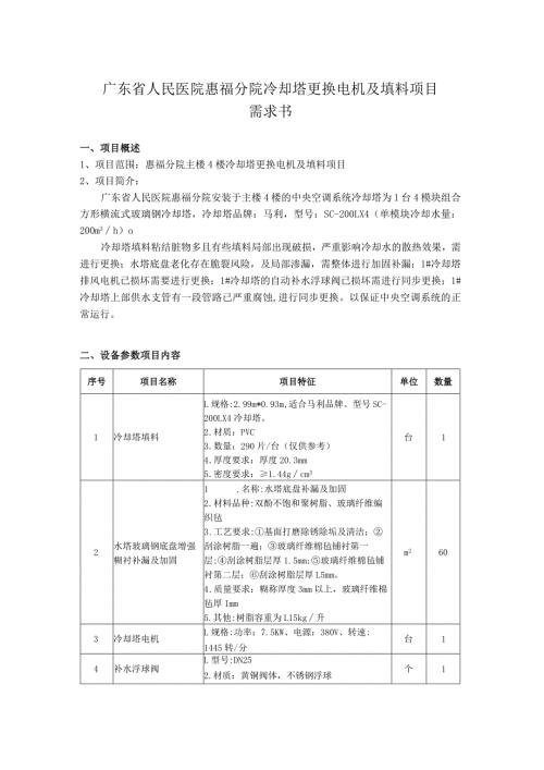 广东省人民医院惠福分院冷却塔更换电机及填料项目需求书.docx