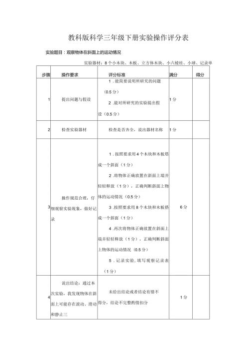 教科版科学三年级下册实验操作评分表.docx