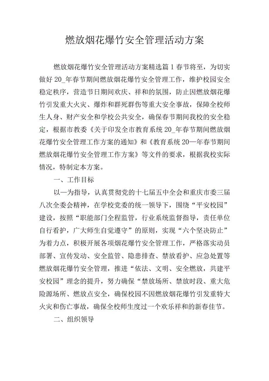 燃放烟花爆竹安全管理活动方案.docx_第1页