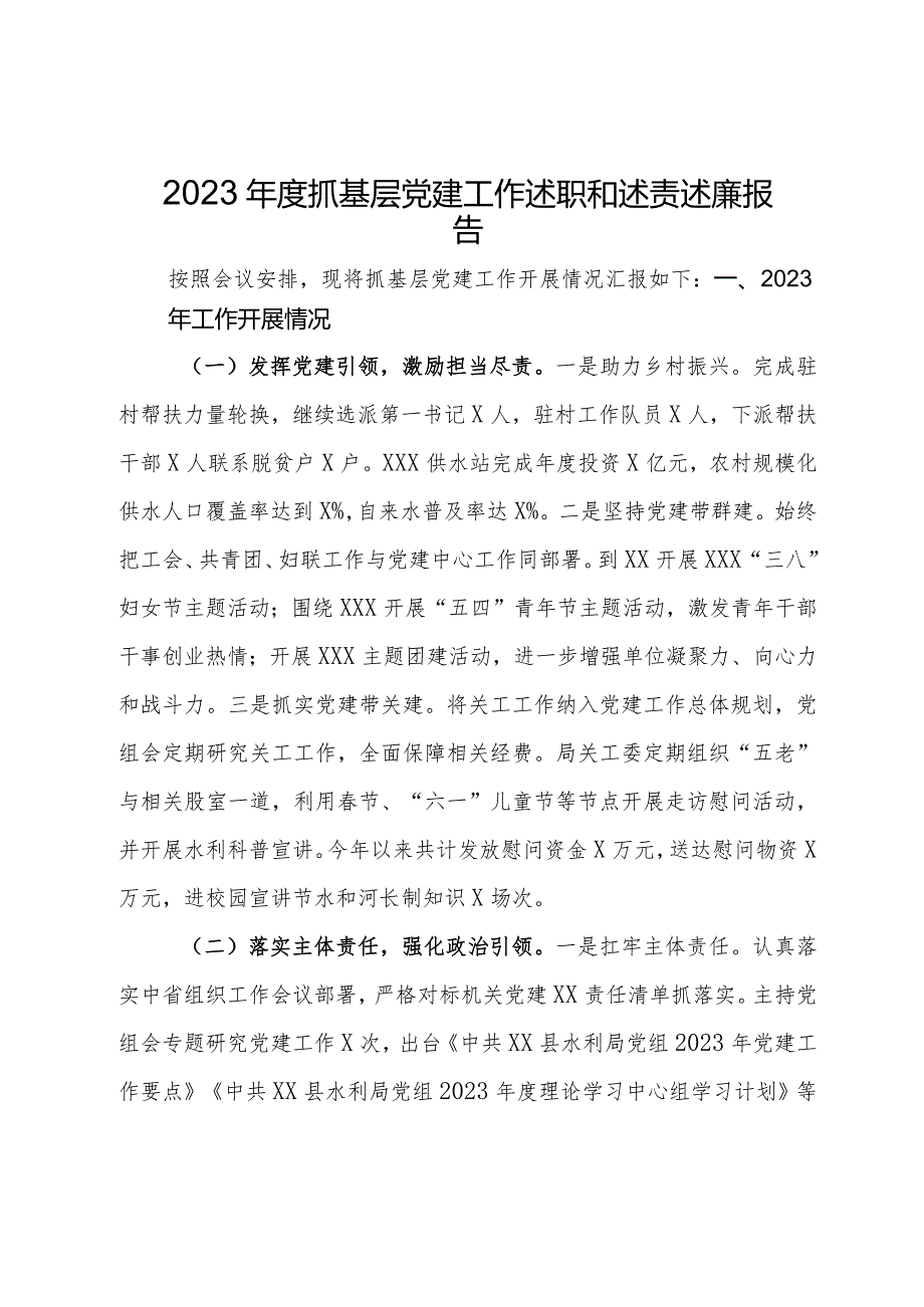 水利局2023抓基层党建工作述职和述责述廉报告.docx_第1页