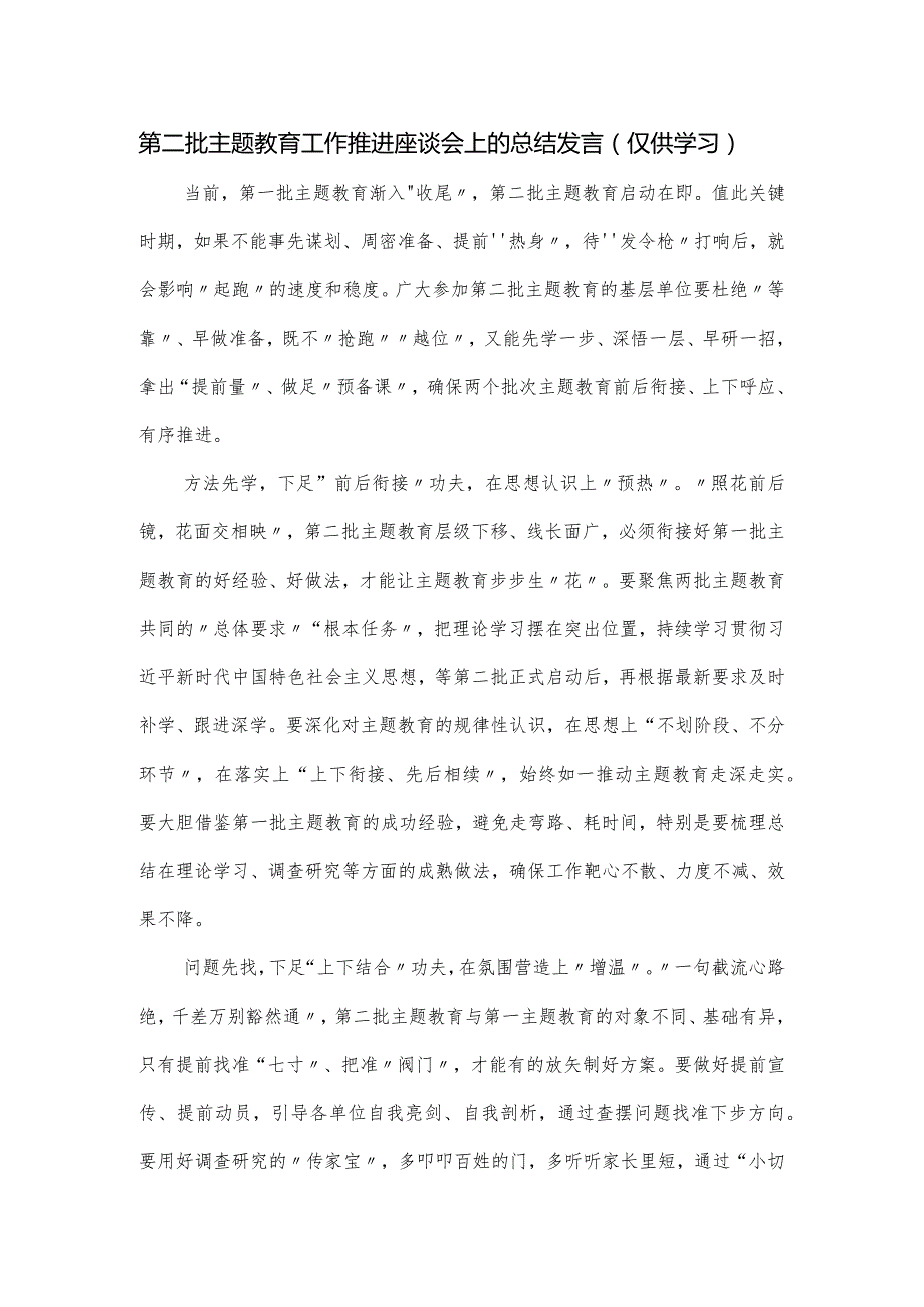 第二批主题教育工作推进座谈会上的总结发言.docx_第1页