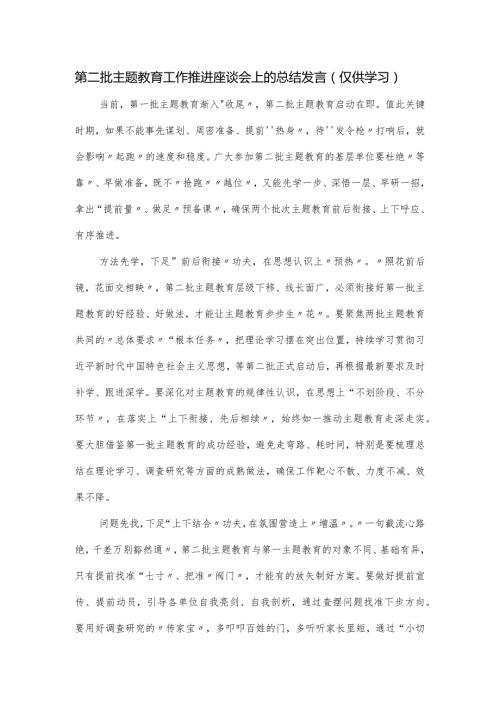 第二批主题教育工作推进座谈会上的总结发言.docx