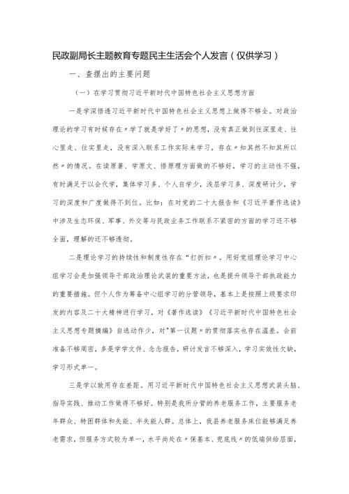 民政副局长主题教育专题民主生活会个人发言.docx