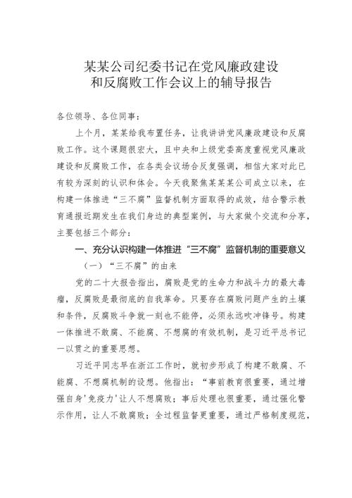 某某公司纪委书记在党风廉政建设和反腐败工作会议上的辅导报告.docx