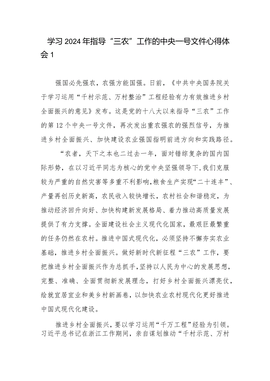 最新2024年中央一号文件学习心得体会感想研讨发言10篇.docx_第1页