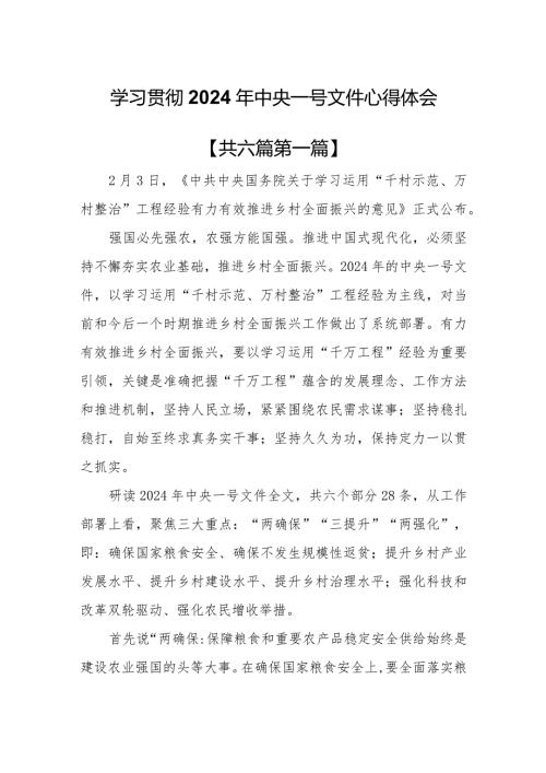 （6篇）学习贯彻2024年中央一号文件心得体会.docx