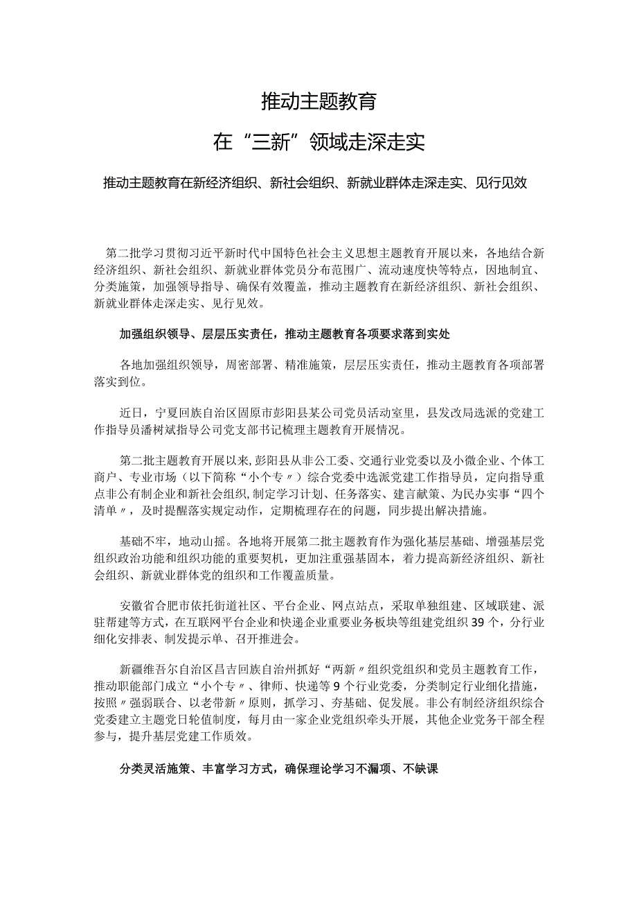 红色简洁三新领域主题教育经验做法PPT党课(讲稿).docx_第1页
