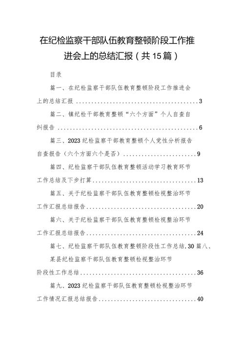 在纪检监察干部队伍教育整顿阶段工作推进会上的总结汇报（共15篇）.docx