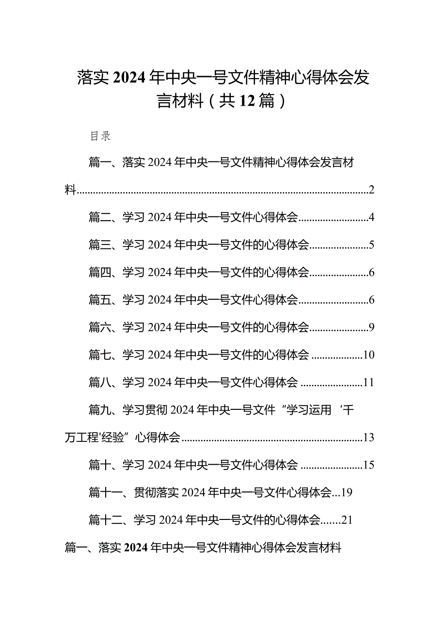 落实2024年中央一号文件精神心得体会发言材料（共12篇）.docx_第1页
