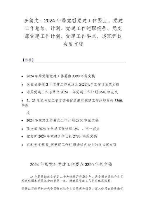 多篇文：2024年局党组党建工作要点、党建工作总结、计划、党建工作述职报告、党支部党建工作计划、党建工作要点、述职评议会发言稿.docx