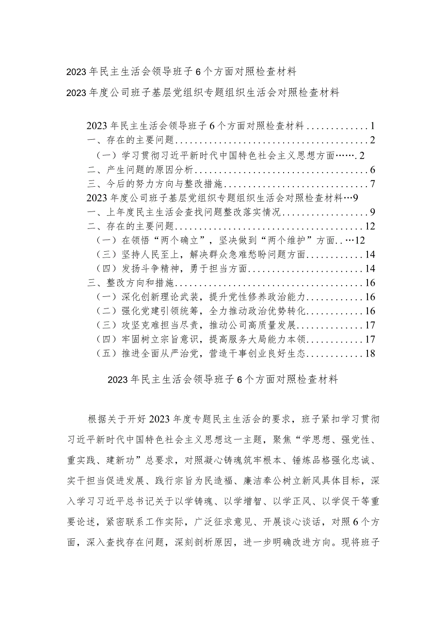 （2篇最新）2023年民主生活会领导班子6个方面对照检查材料.docx_第1页