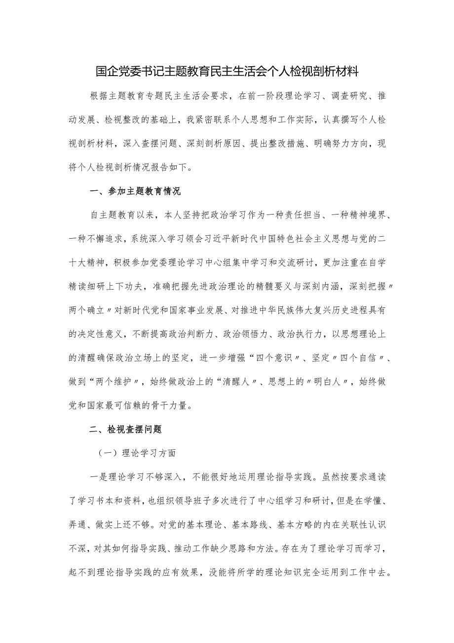 国企党委书记主题教育民主生活会个人检视剖析材料（6个方面）.docx_第1页