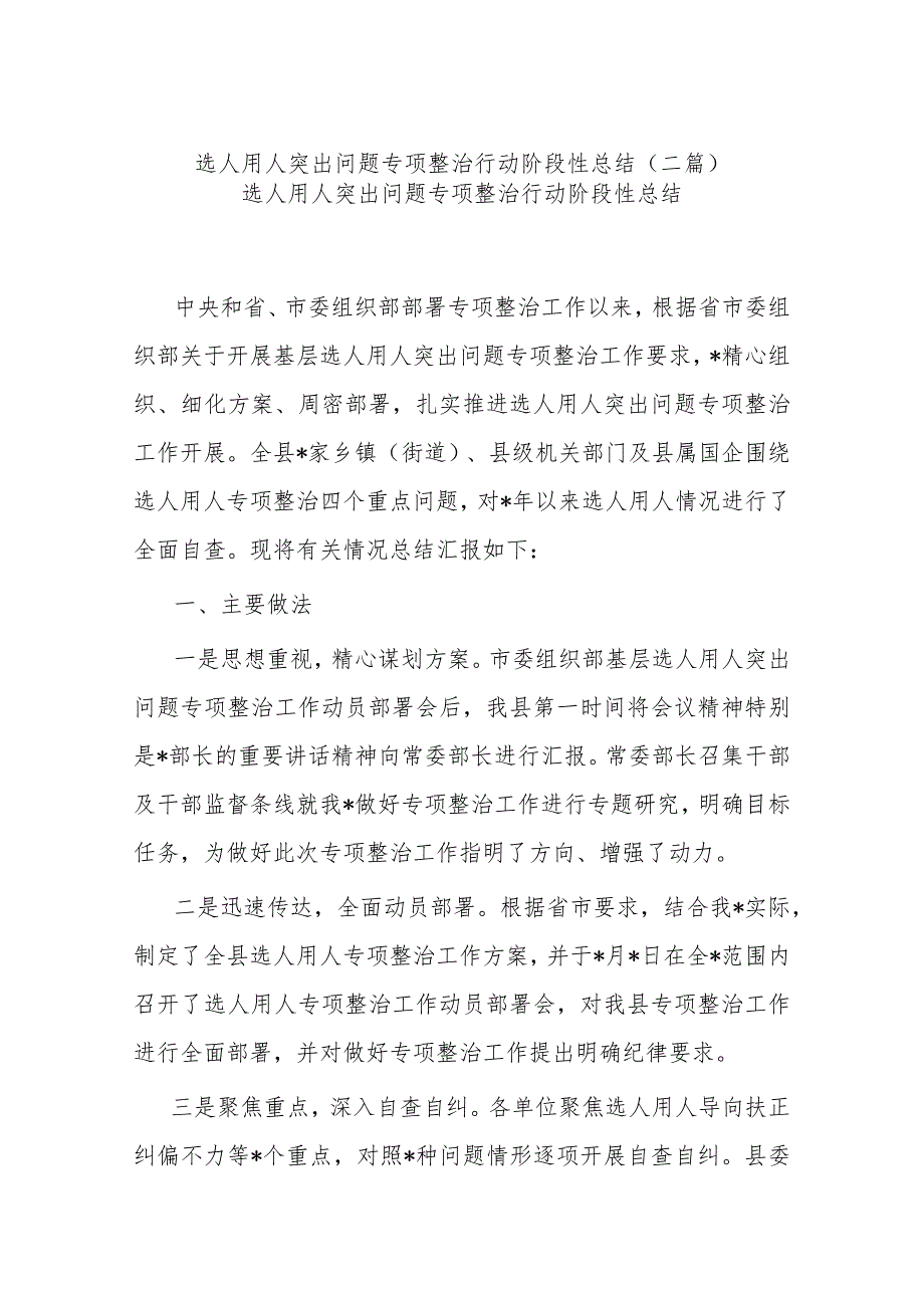 选人用人突出问题专项整治行动阶段性总结(二篇).docx_第1页