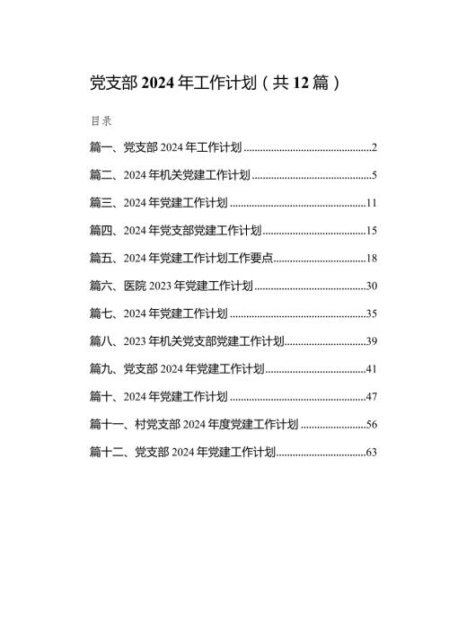 党支部2024年工作计划范文12篇供参考.docx