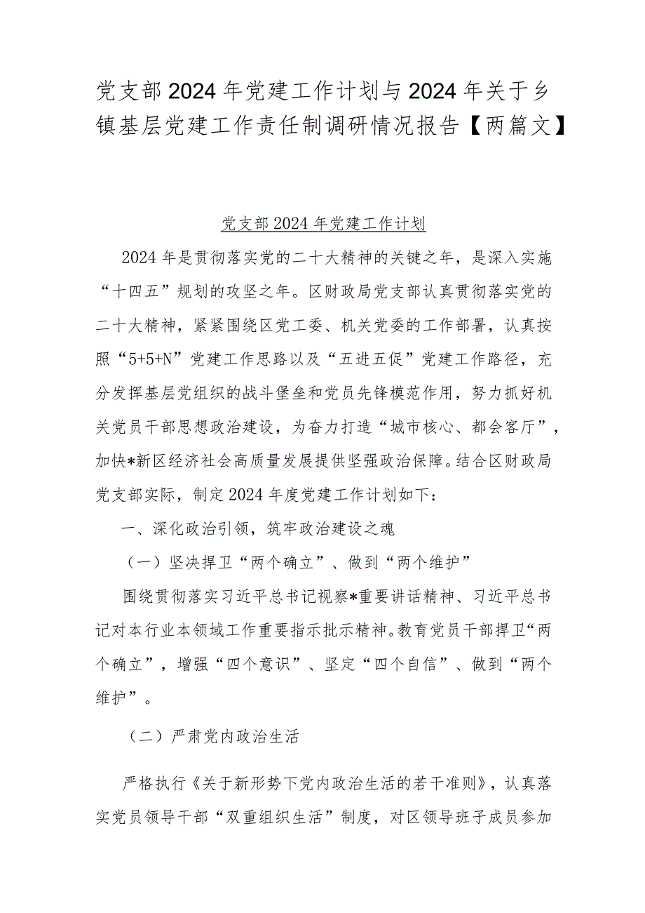 党支部2024年党建工作计划与2024年关于乡镇基层党建工作责任制调研情况报告【两篇文】.docx_第1页