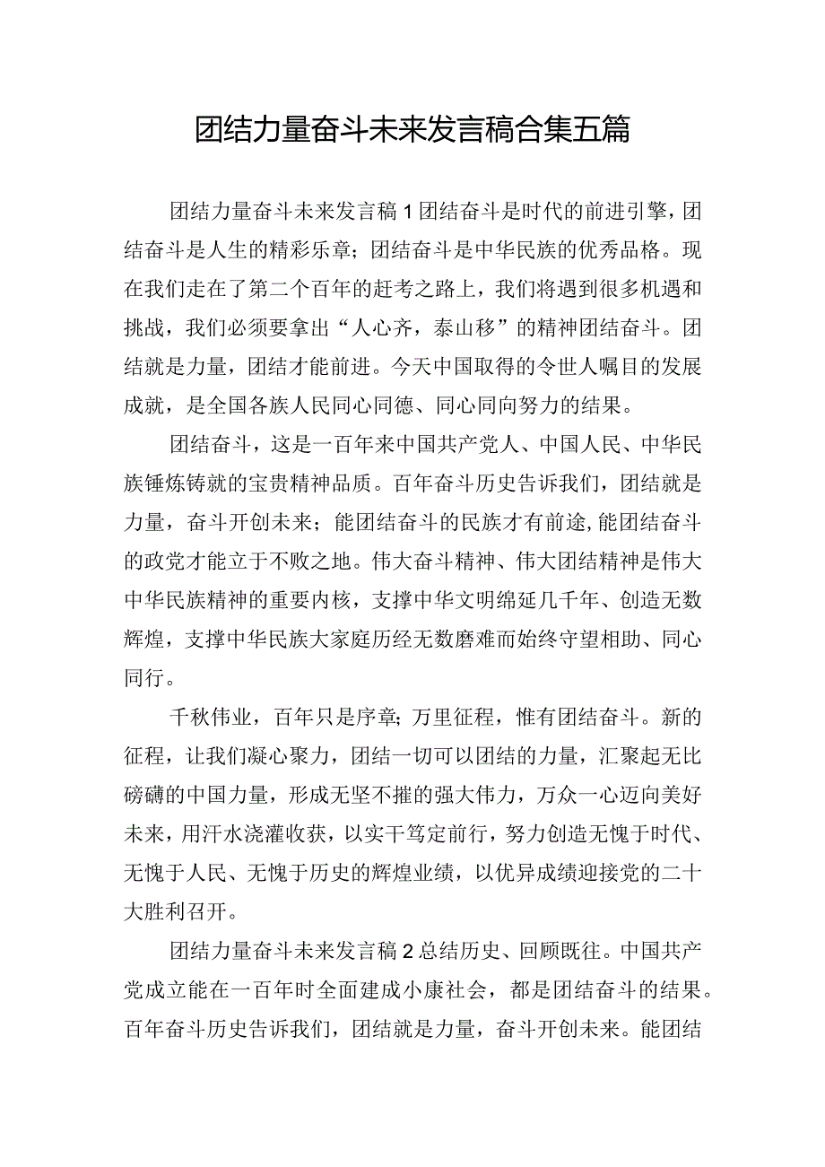 团结力量奋斗未来发言稿合集五篇.docx_第1页