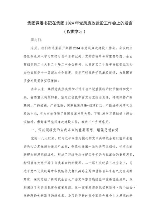 集团党委书记在集团2024年党风廉政建设工作会上的发言.docx