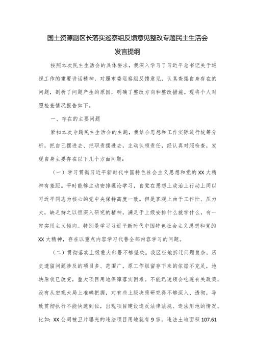 国土资源副区长落实巡察组反馈意见整改专题民主生活会发言提纲.docx