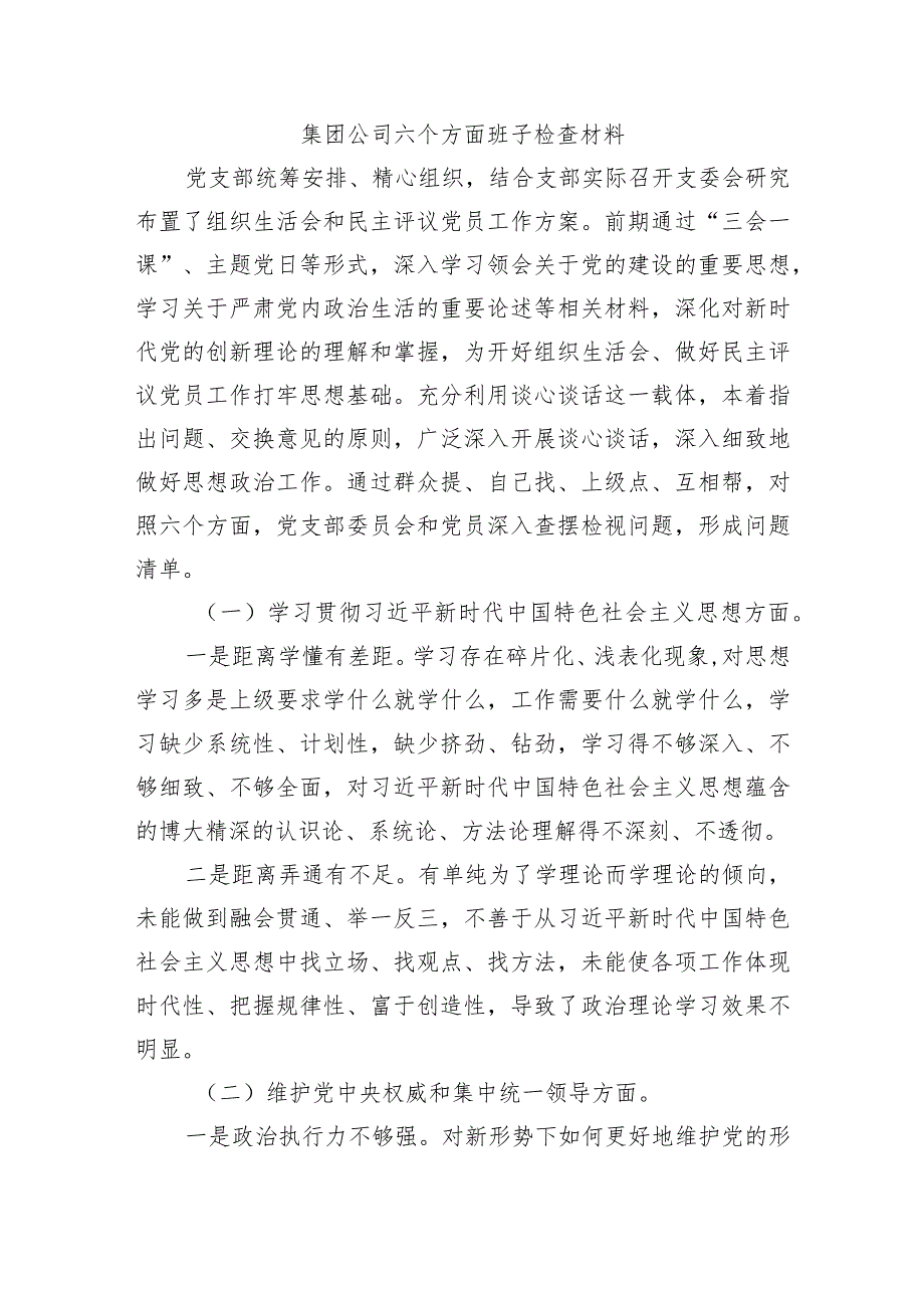 集团公司六个方面班子检查材料.docx_第1页