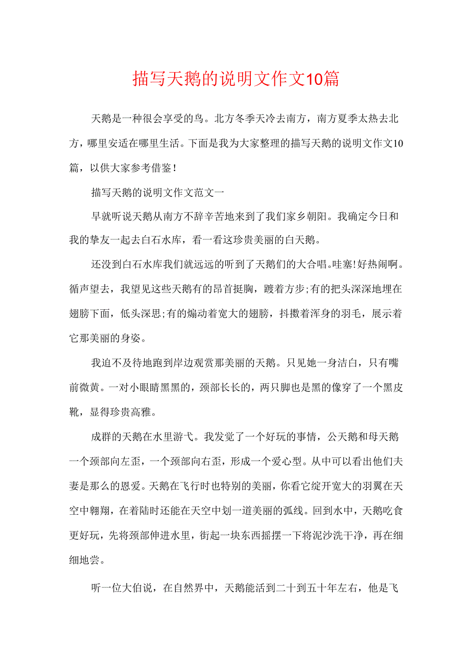 描写天鹅的说明文作文10篇.docx_第1页