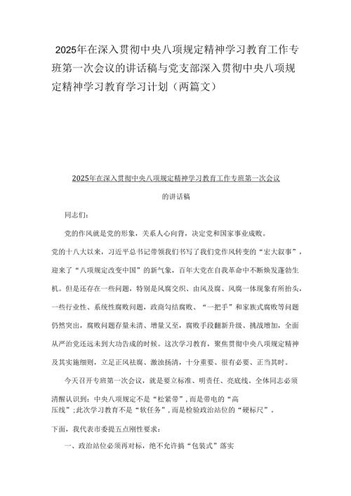2025年在深入贯彻中央八项规定精神学习教育工作专班第一次会议的讲话稿与党支部深入贯彻中央八项规定精神学习教育学习计划（两篇文）.docx