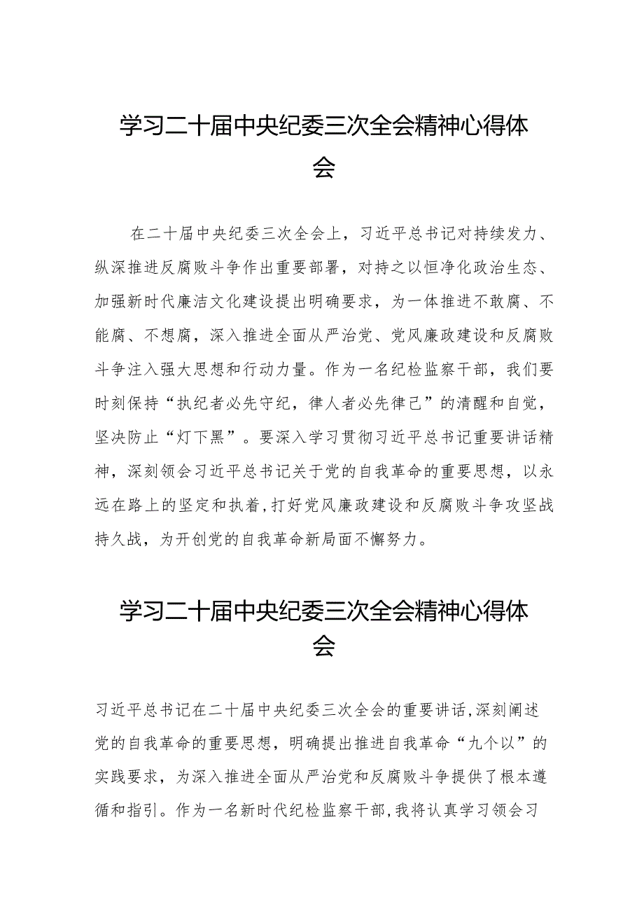 二十中央纪委三次全会精神心得体会发言稿二十篇.docx_第1页