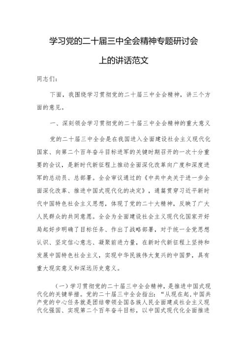学习党的二十三中会议精神专题研讨会上的讲话范文.docx