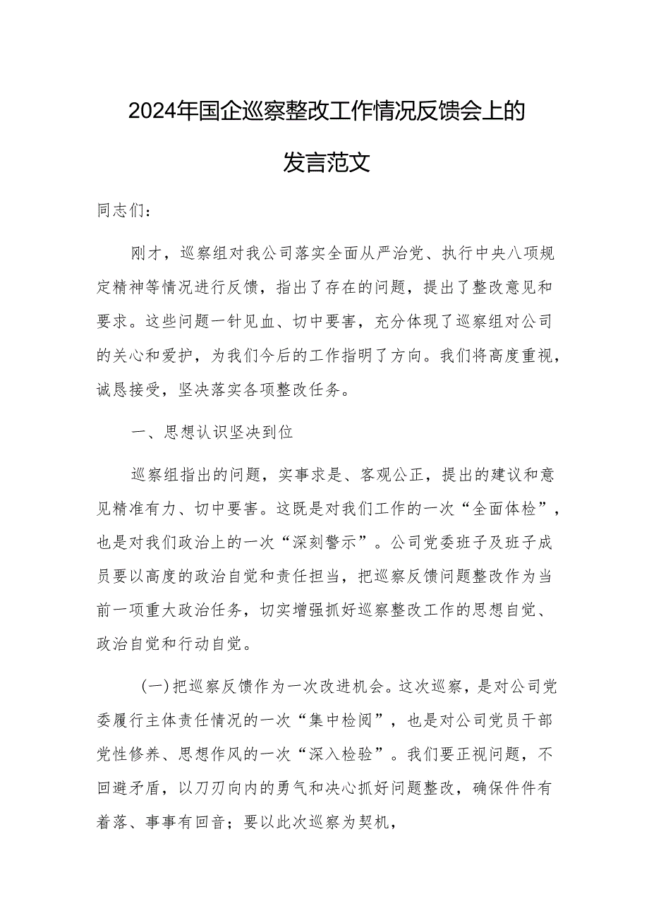 2024年国企巡察整改工作情况反馈会上的发言范文.docx_第1页