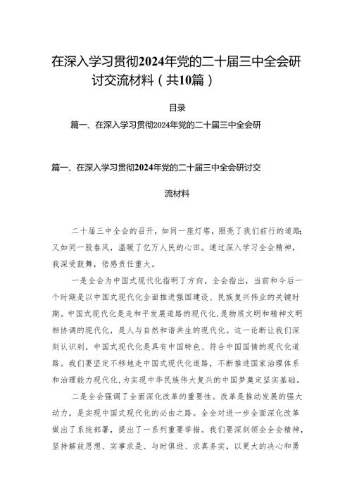 （10篇）在深入学习贯彻2024年党的二十三中全会研讨交流材料集合.docx