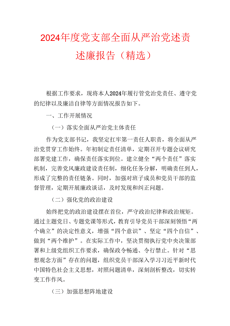 2024党支部全面从严治党述责述廉报告（精选）.docx_第1页