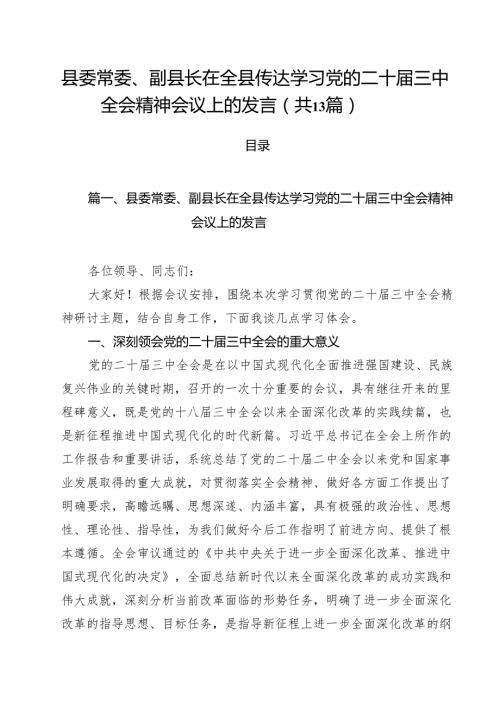 （13篇）县委常委、副县长在全县传达学习党的二十三中全会精神会议上的发言（详细版）.docx